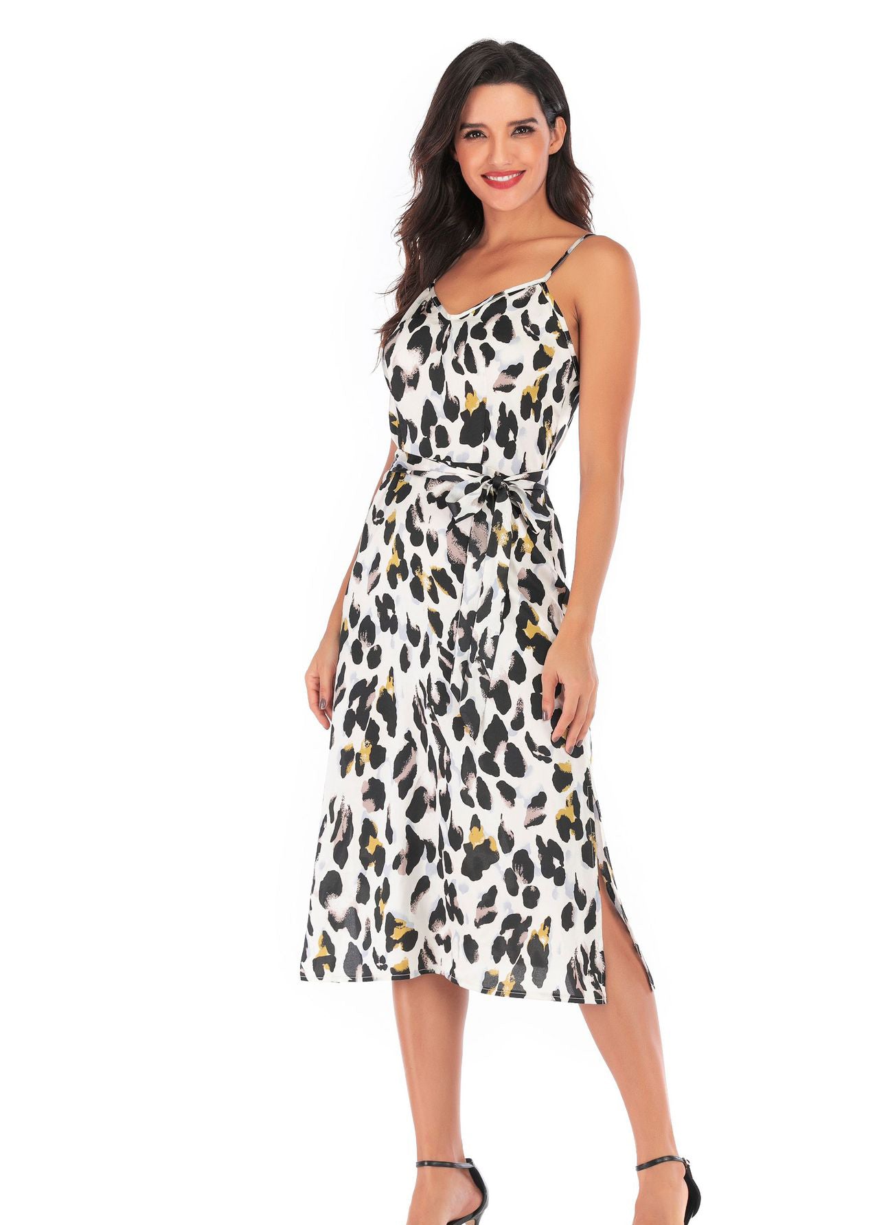 Women See-Through Chiffon Print Sexy Slit Lace-Up Dress 6