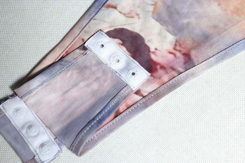 Women Round Neck See-Through Long Sleeve Character Print Bodysuit and Mini Skirt Two-Piece Set 17