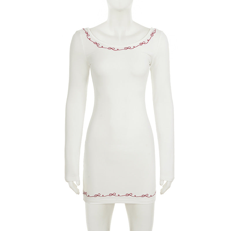 Women Bow Embroidered Long-Sleeved Backless Round Neck Bodycon Dress 6