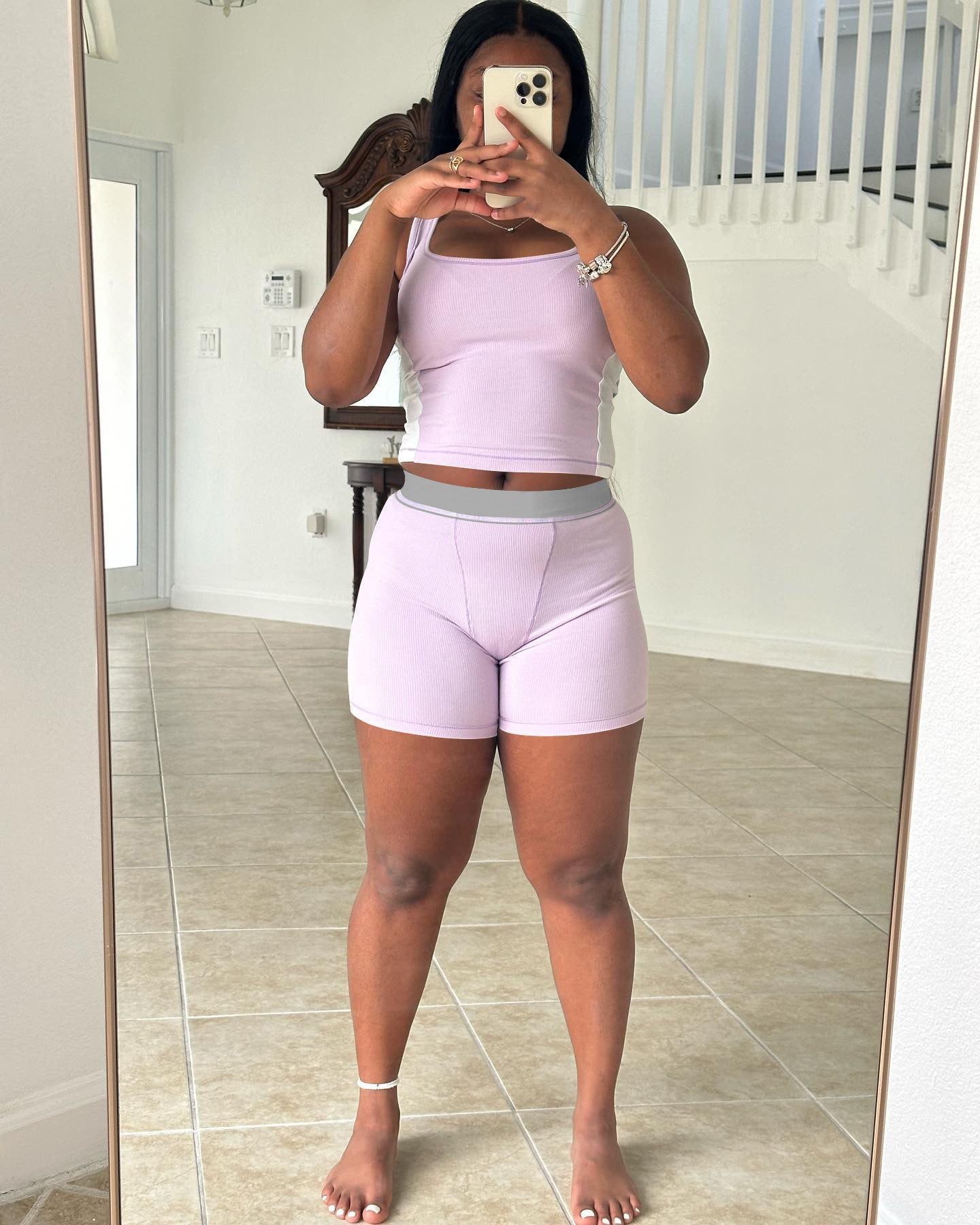 Women Casual Ribbed Patchwork Top and Shorts Two-piece Set 3