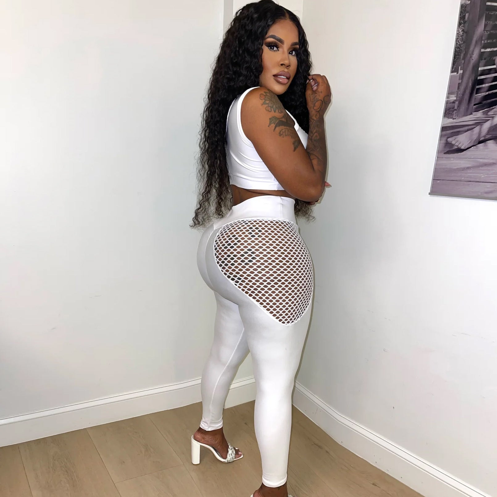 Hollow Mesh Hole See-Through Sexy Suit Mesh Patchwork Vest Trousers Two-piece Set 5