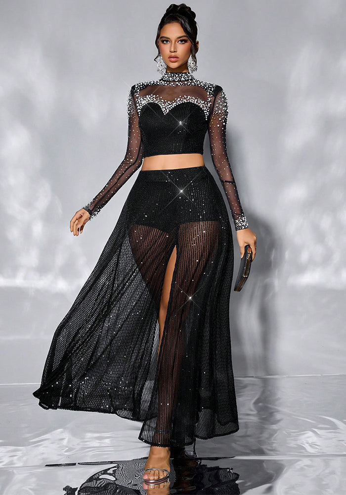 Women's Beaded Patchwork Mesh See-Through Long-Sleeve Low-Waist Flared High-Slit Skirt Set
