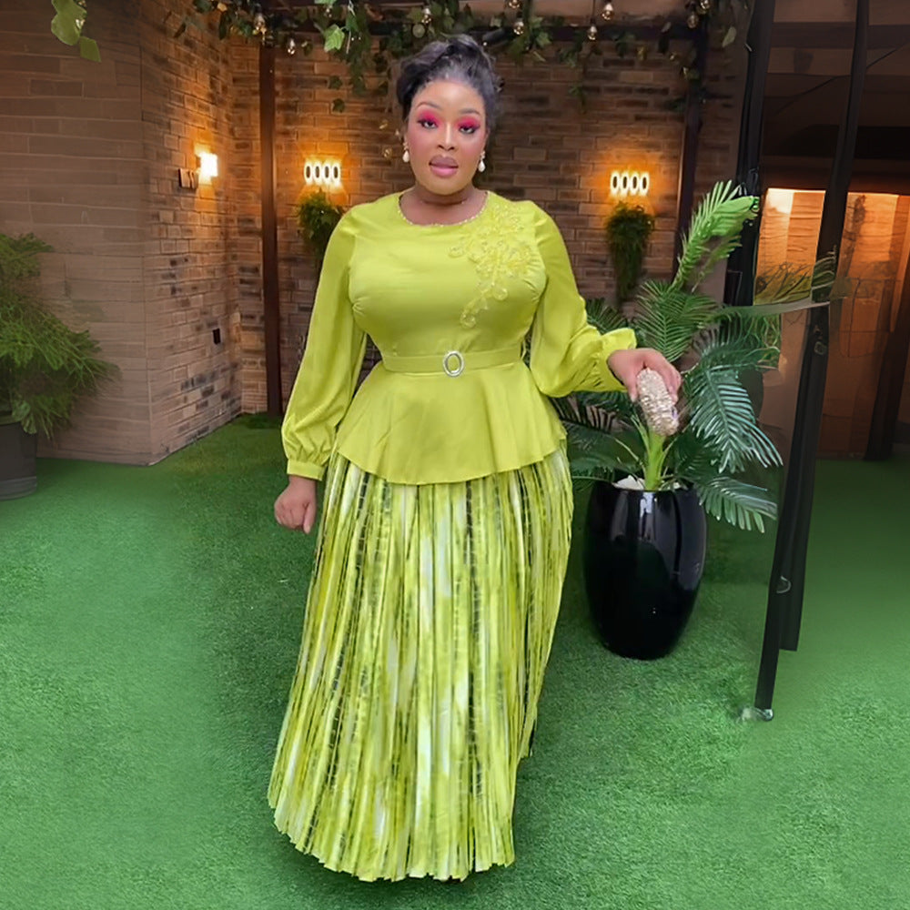 African Women's Plus Size Embroidered Beaded Chic Career Two Piece Pleated Skirt Set