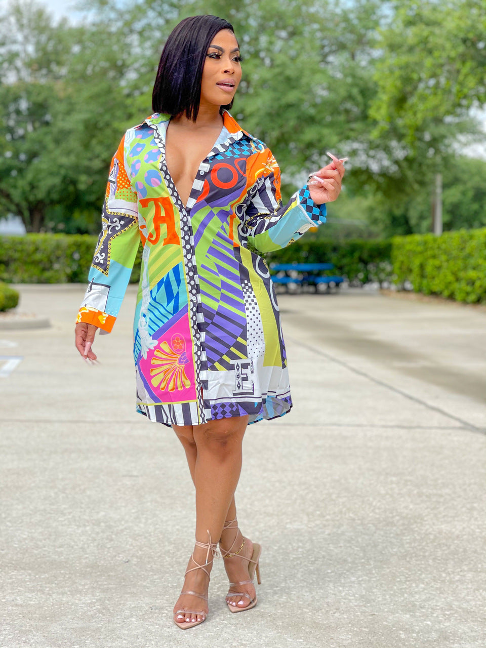 Casual Fashion Print Multicolor Women'S Shirt Dress 3