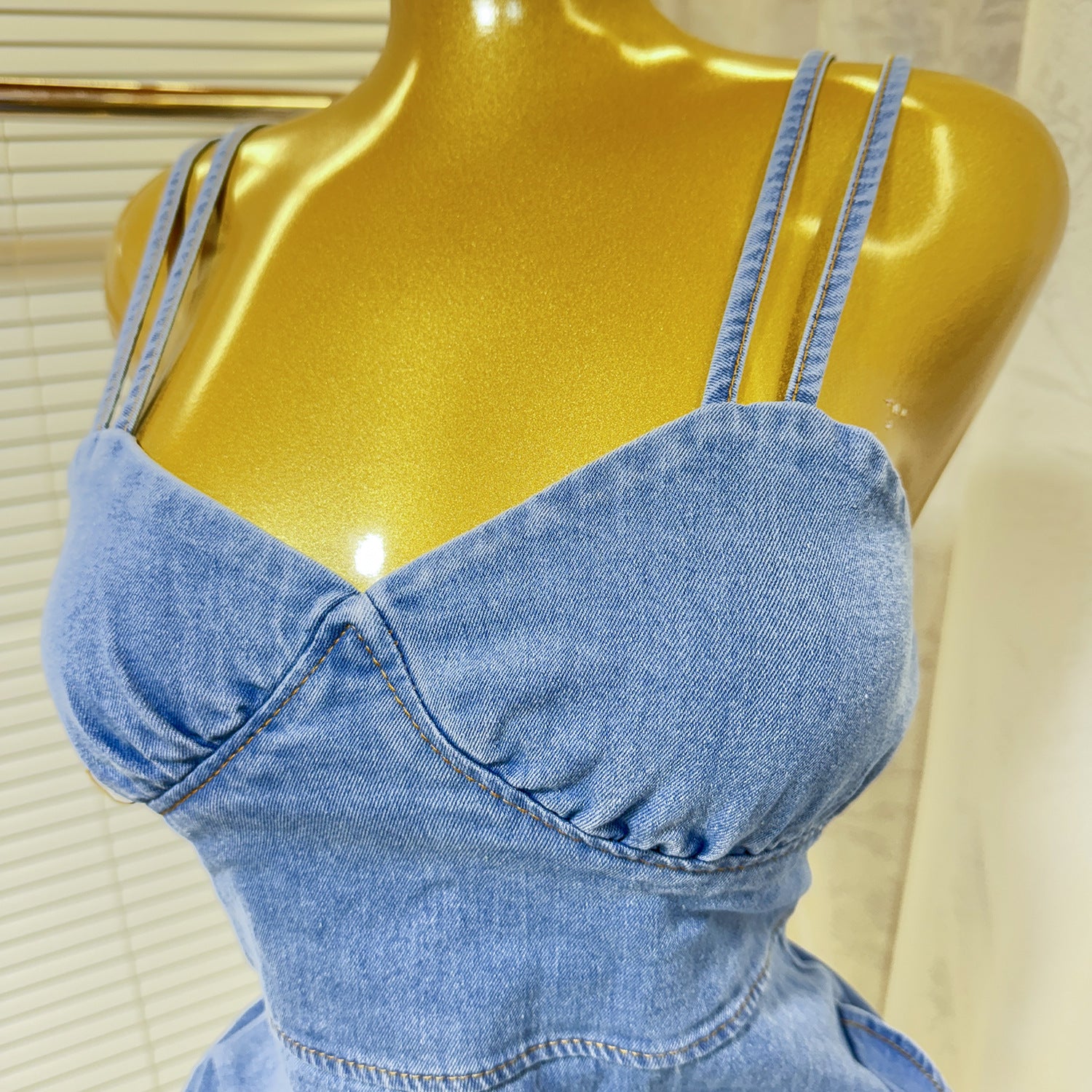 Women's Summer Elastic Slim Waist Sexy Denim Strap Ruffled Bodycon Short Dress 7