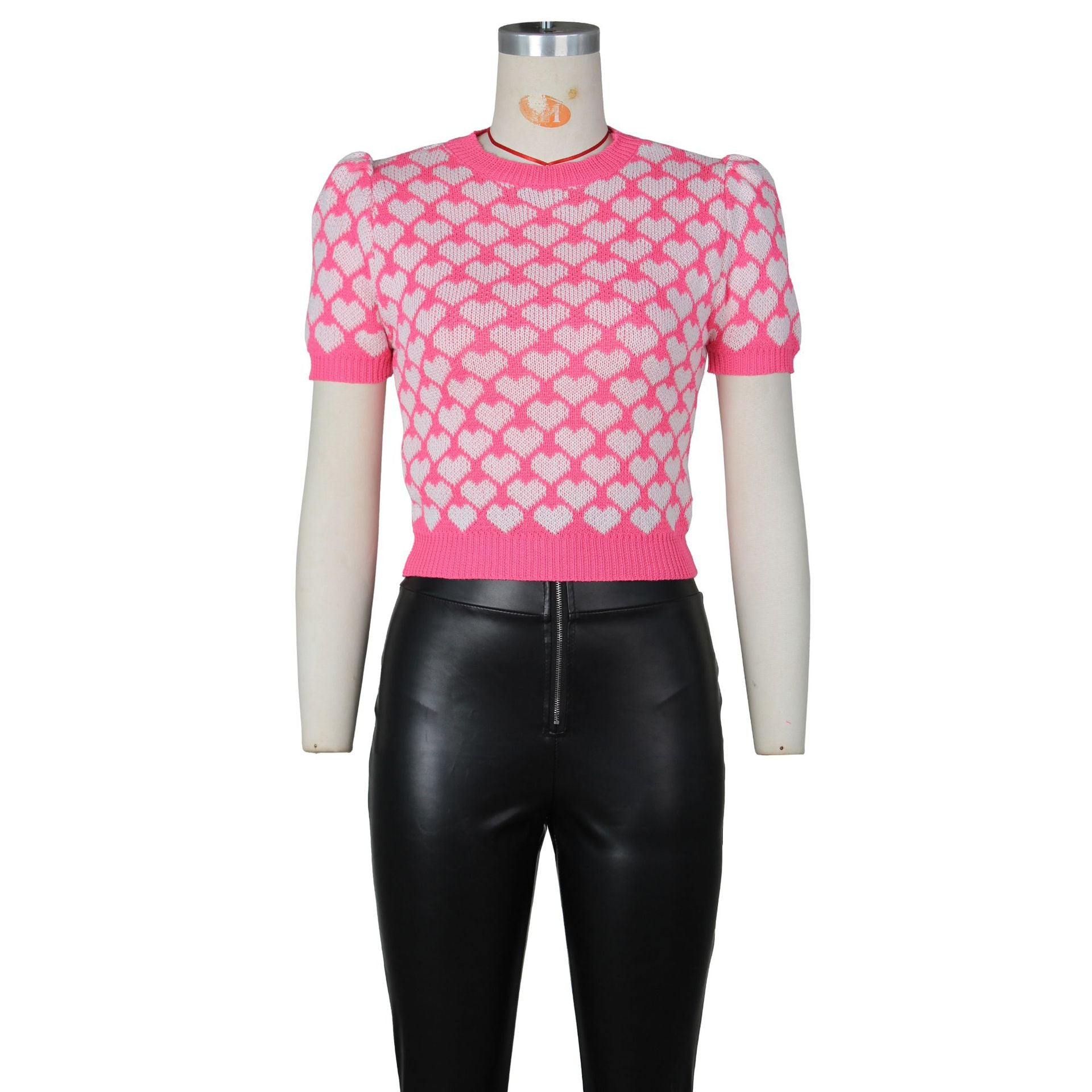 Women Spring/Summer knitting Heart Print Short Sleeve T-Shirt 11