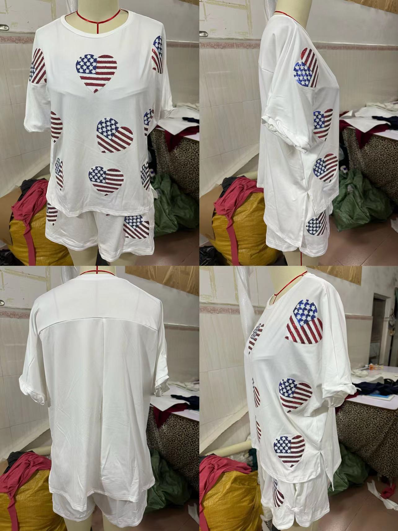 Summer Women's Sequined Short-Sleeved Tops Shorts Two-Piece Sets 17