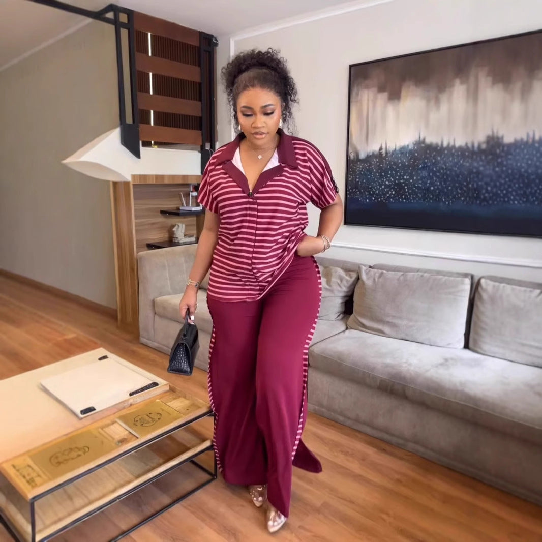 Fashion Casual Summer Short Sleeve Striped Print Two-piece Pants Set 3