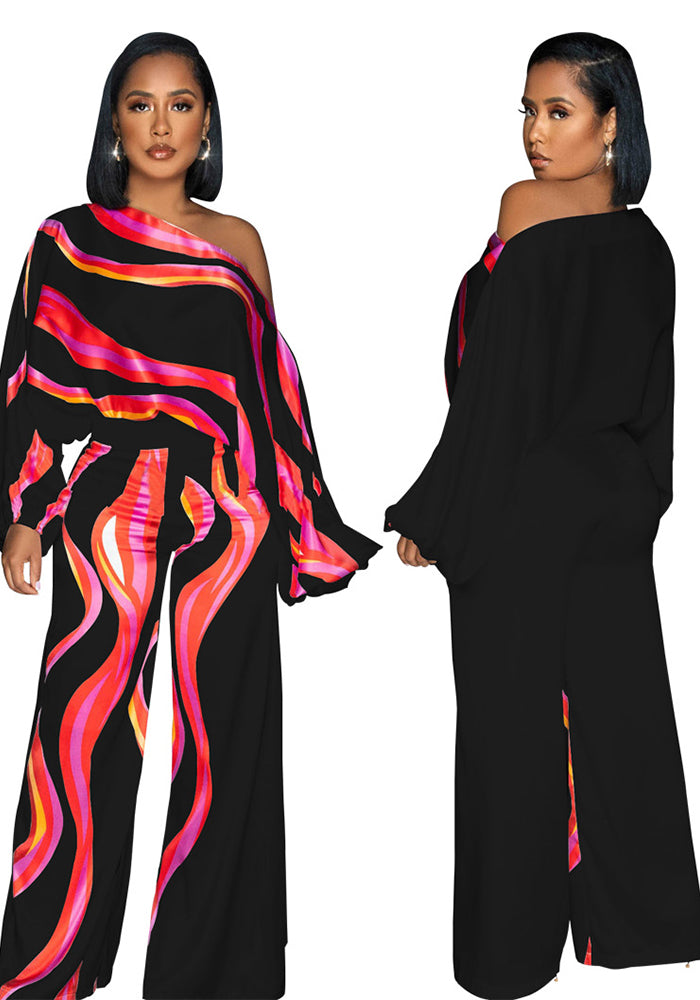 Sexy Fashion Print Slash Shoulder Long Sleeve Women's Wide Leg Jumpsuit 4