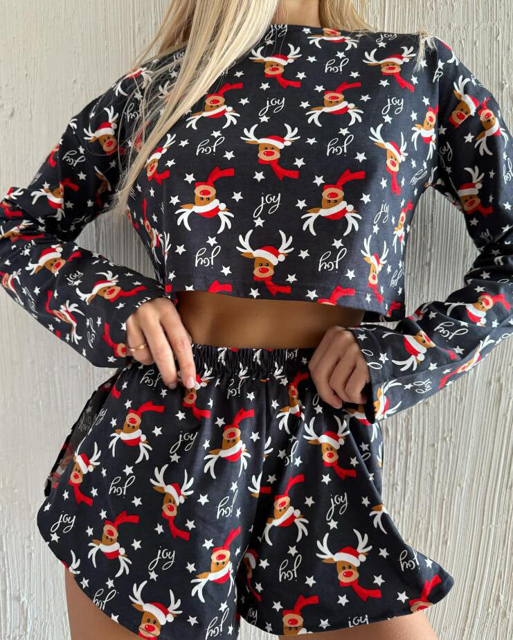 Women Christmas reindeer print long sleeve Top and shorts two-piece set 5