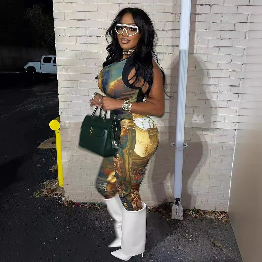 Fashion Print Sleeveless Slim Two Piece Set 5