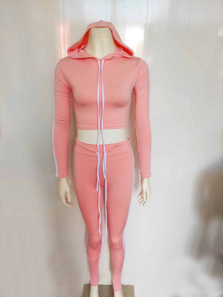 Women Striped Stretchy Hooded Drawstring Top Long Pants Two-piece Set 12