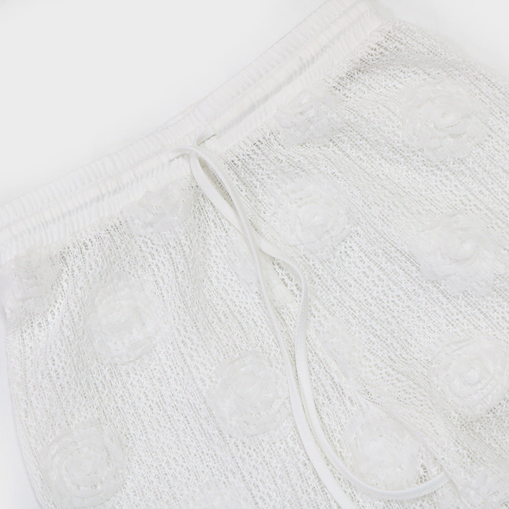 Women Solid Color See-Through Lace-Up Top Loose Slim Pants Two-Piece Set 25