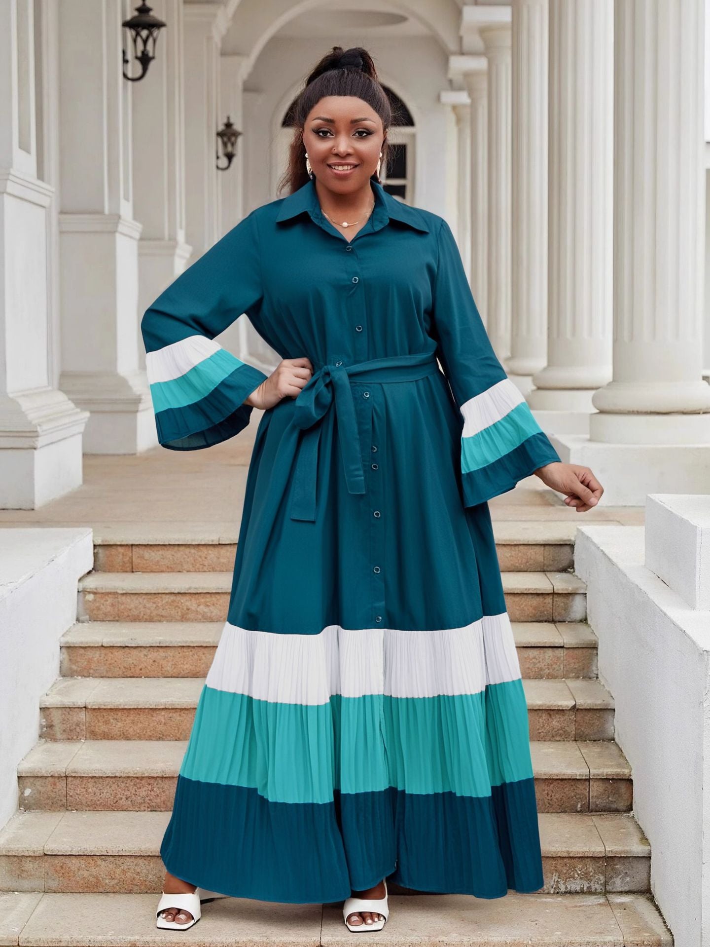 Plus Size Women color matching ruffled Bell Bottom sleeve Turndown Collar pleated chiffon dress 11