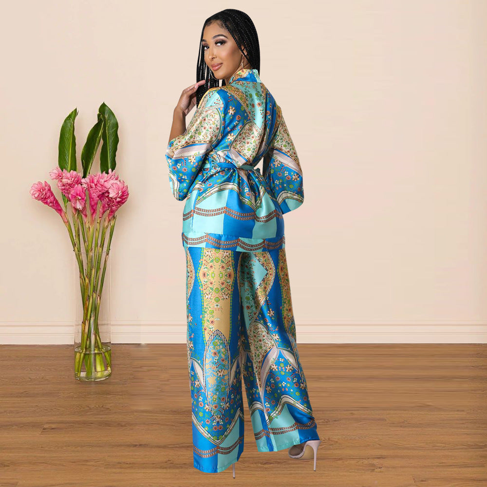 Women Long Sleeve Printed Top + Wide Leg Pants Two Piece Set 8