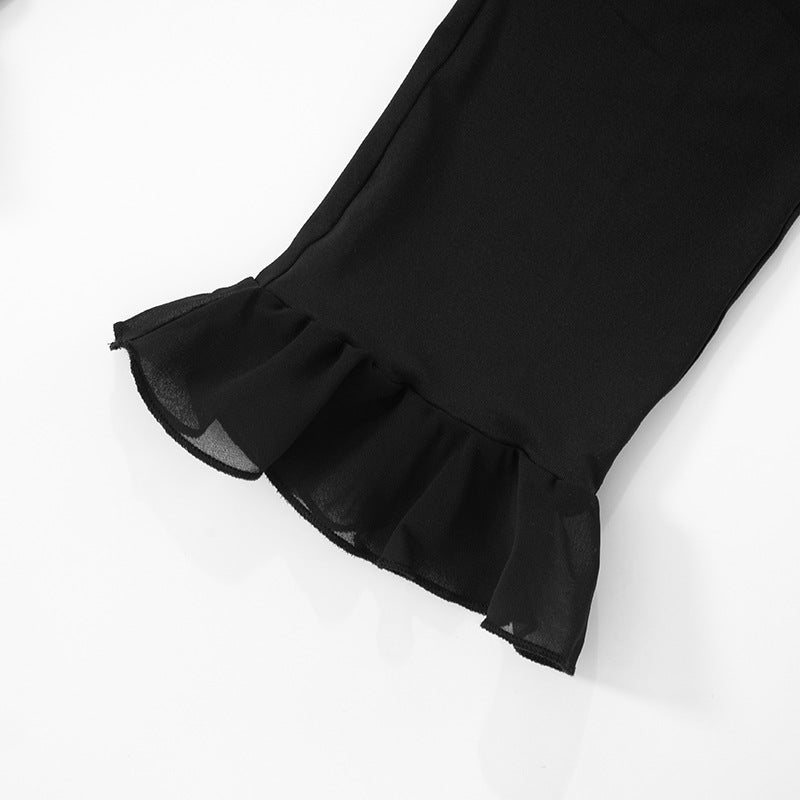 Women's Spring and Summer Ruffled V Waist Solid Color Elastic 7-point Casual Pants 42