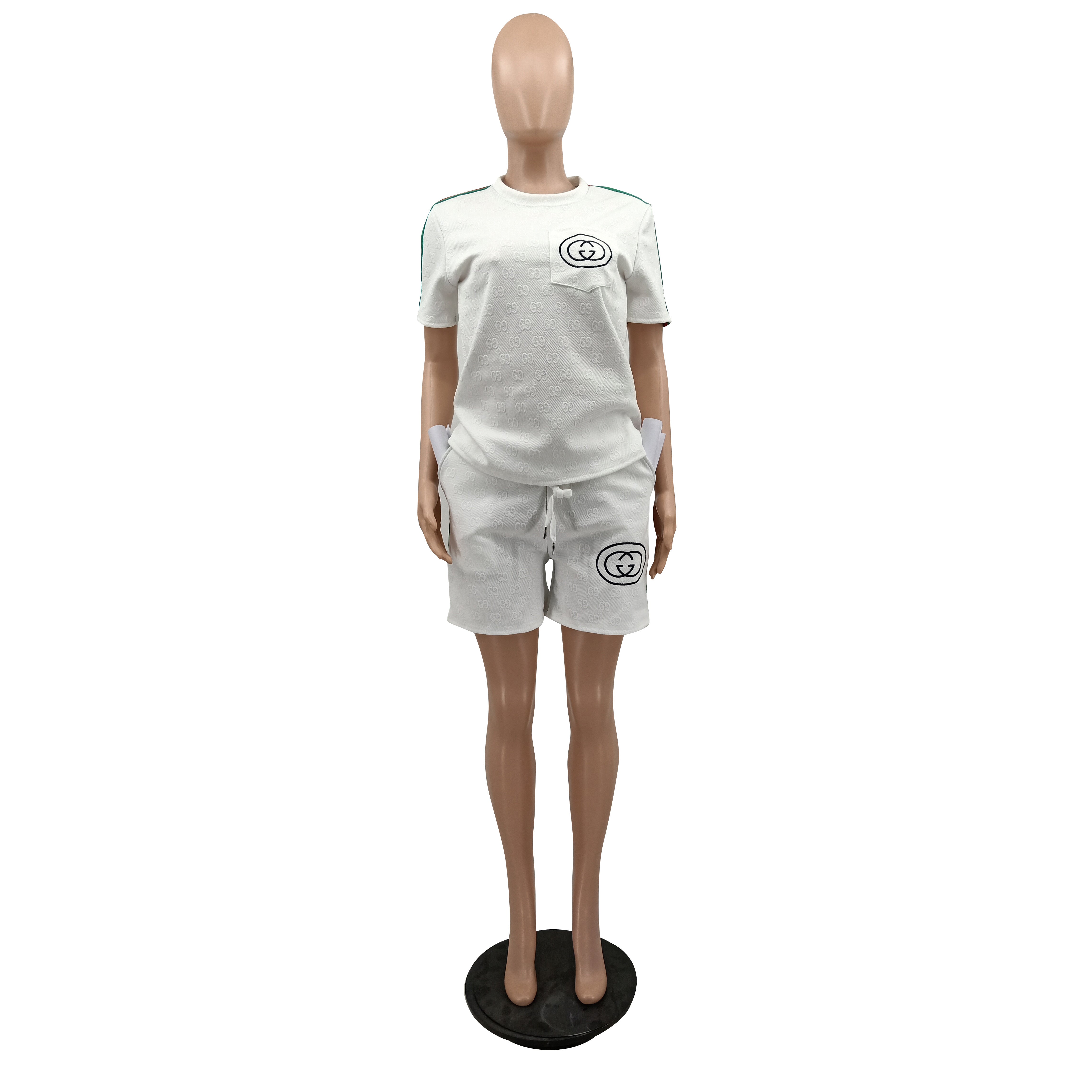 Women's Summer Fashion Chic Texture Fabric Embroidered Two-Piece Shorts Set 6