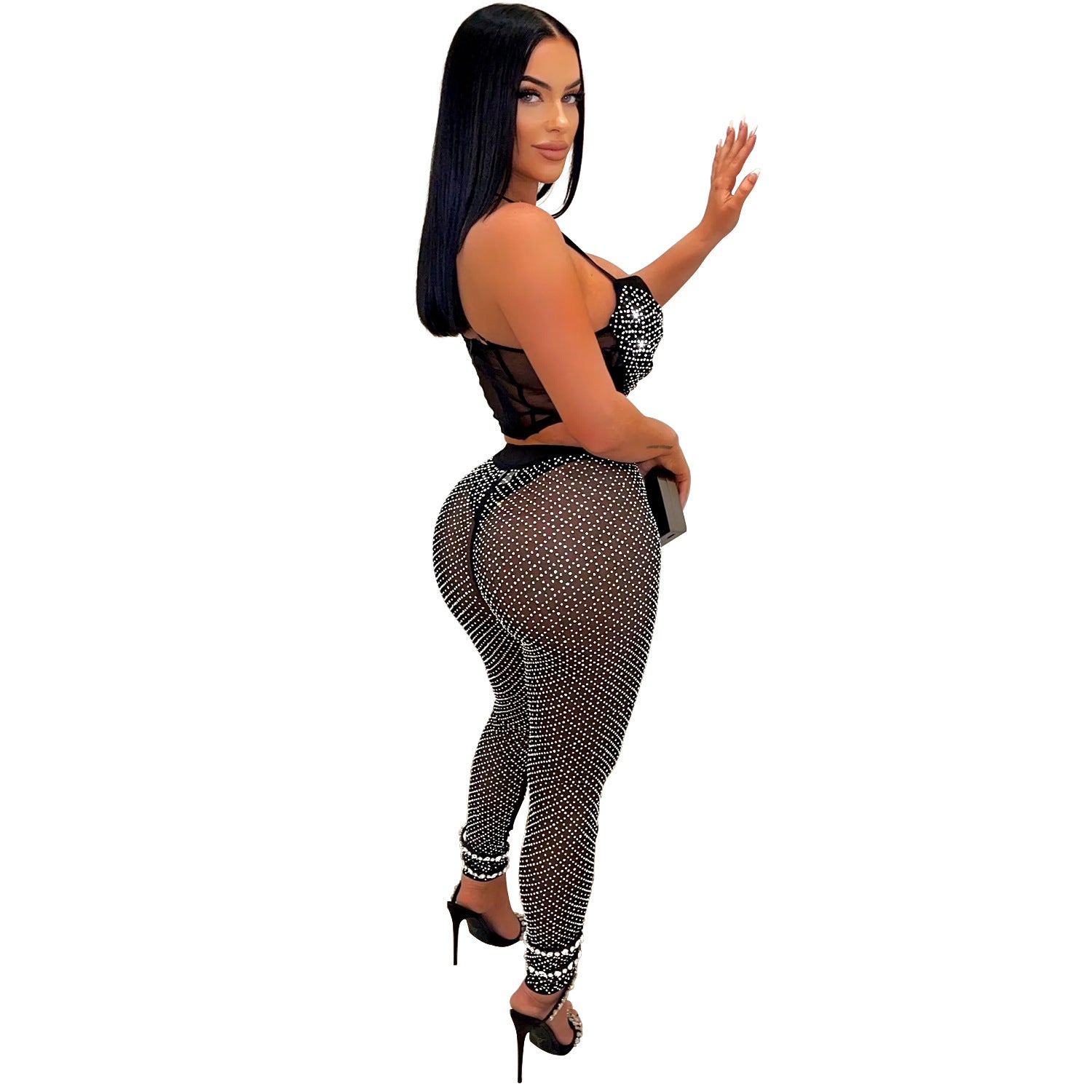 women's solid mesh Beaded suspender pants two-piece set 8