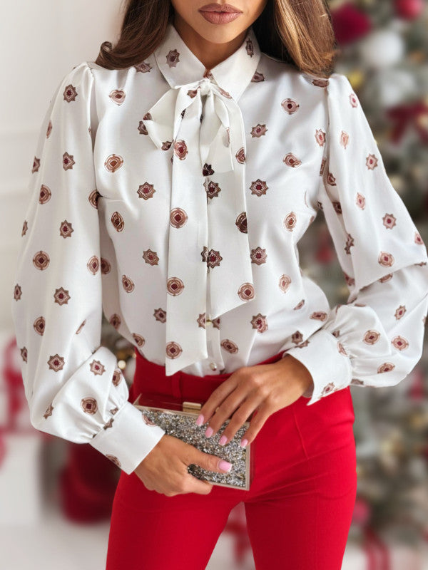 Printed Long Sleeve Bow Tie Shirt Women's Top 3