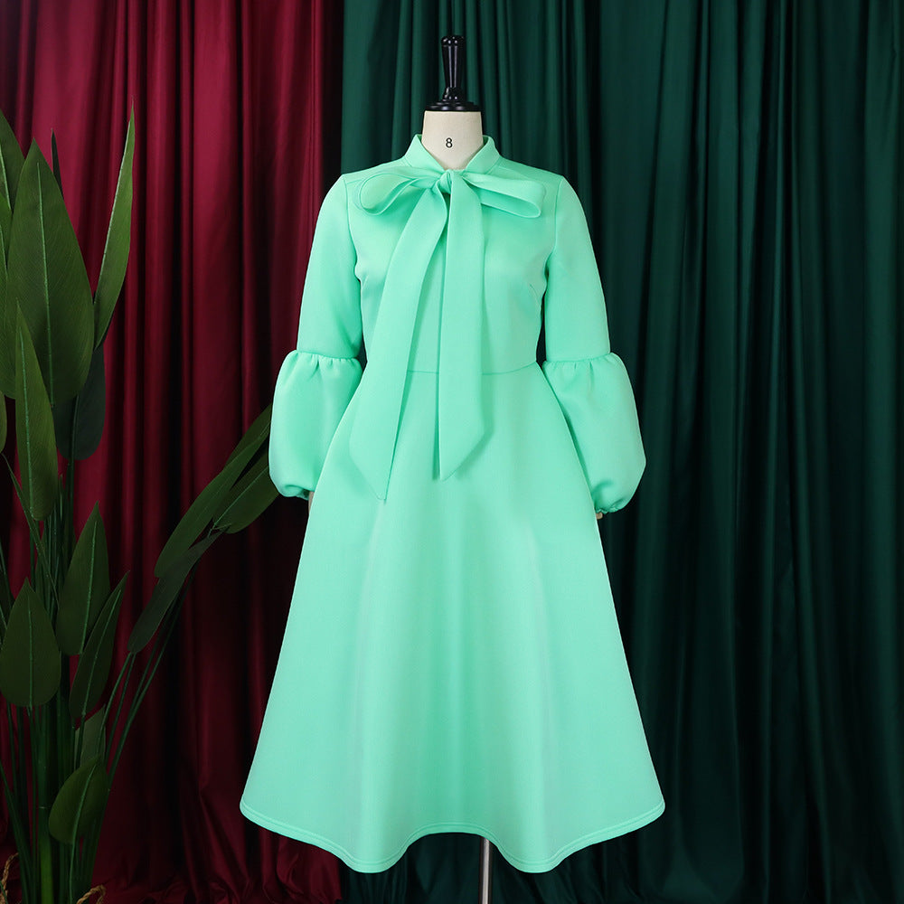 Women's Puff Sleeve Bow Tied High Waist A-Line Party Dress 18