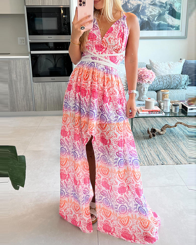 Women's Casual Print Halter Neck Lace-Up Slit Dress 3