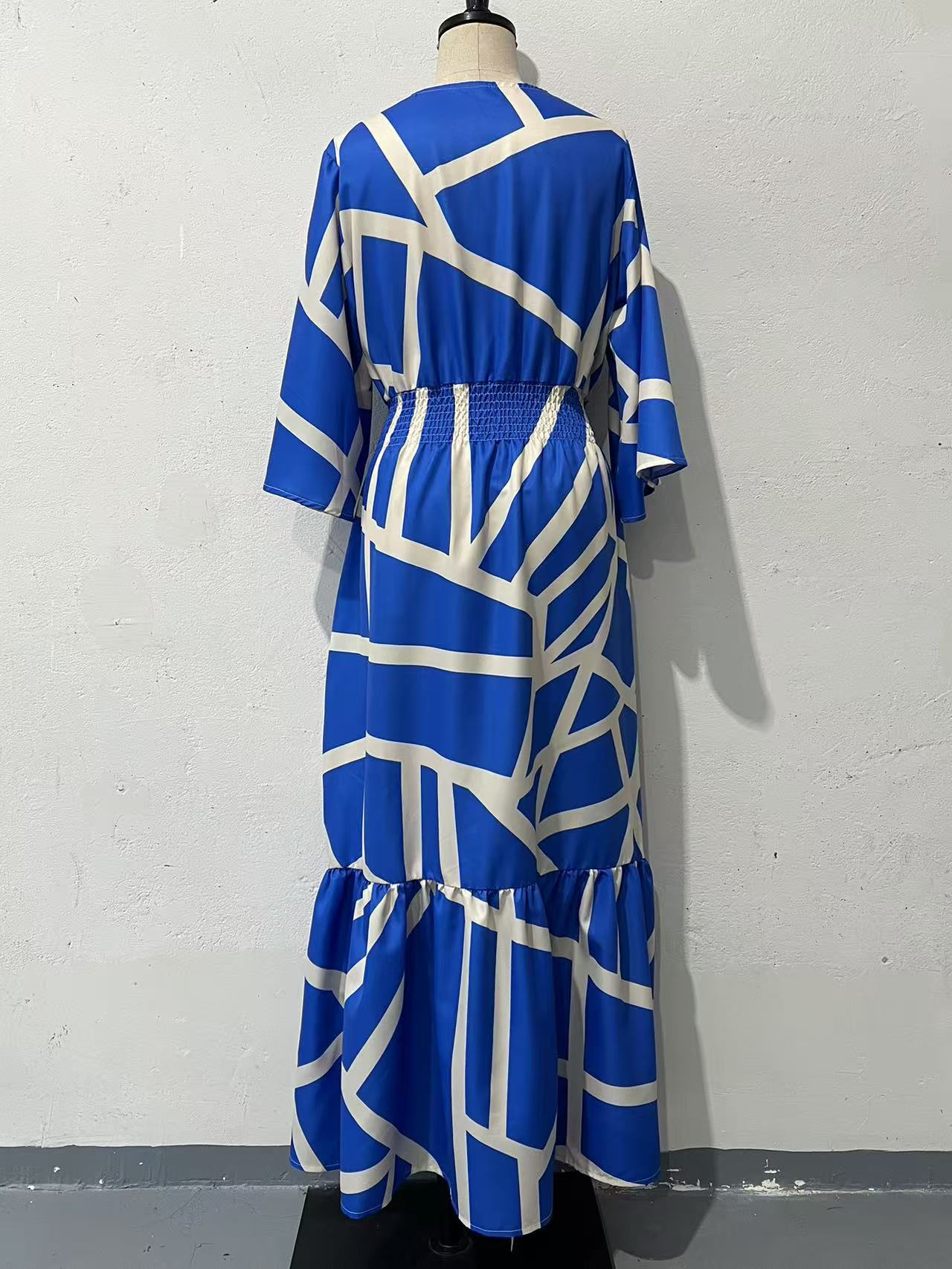 Women Summer U-Neck Printed Long Sleeve Bell Bottom Sleeve Dress 5