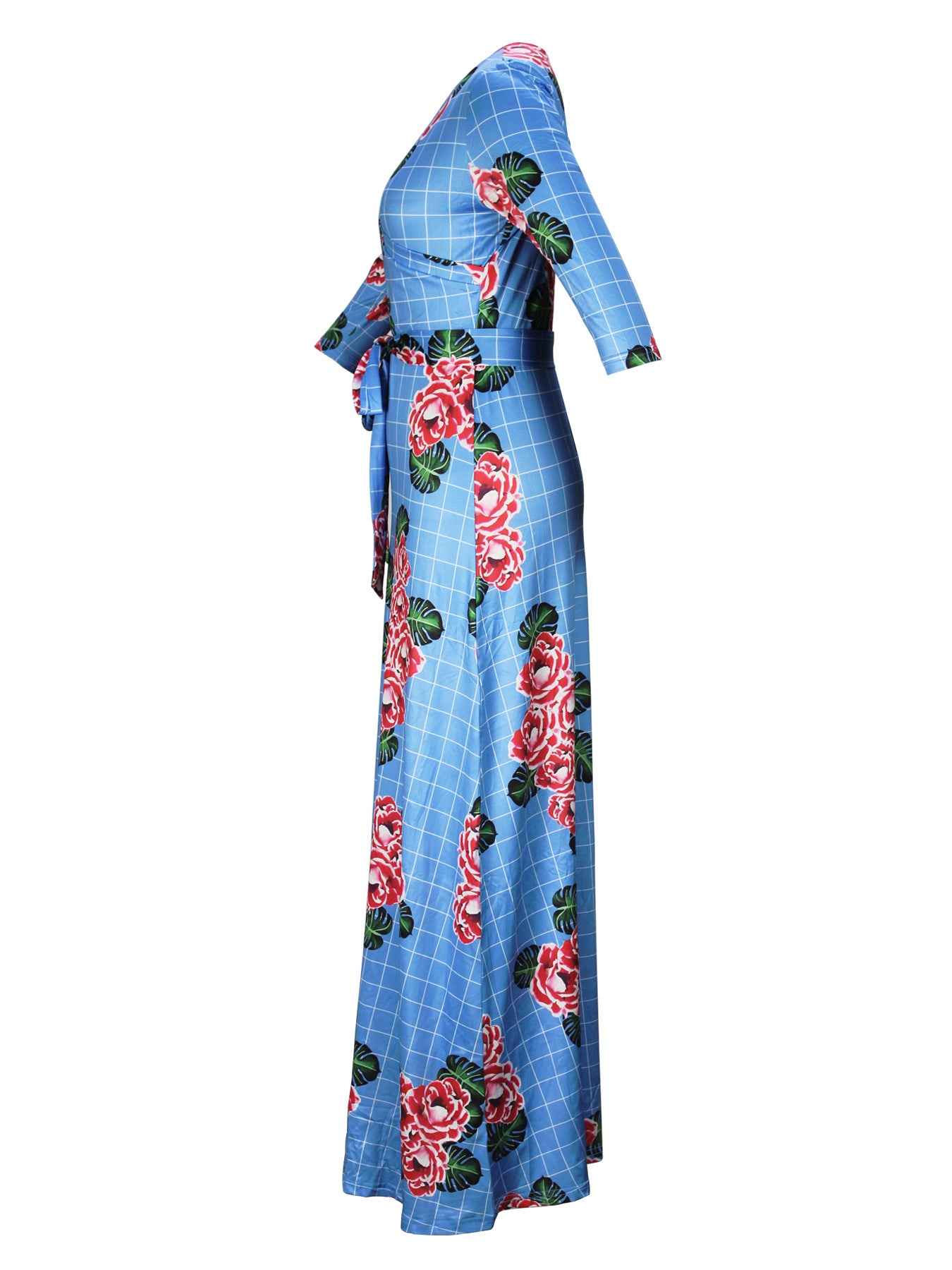 Spring & Autumn Women's Fashion Elegant Wrap V-Neck Half-Sleeve Print Belt Maxi Dress 75