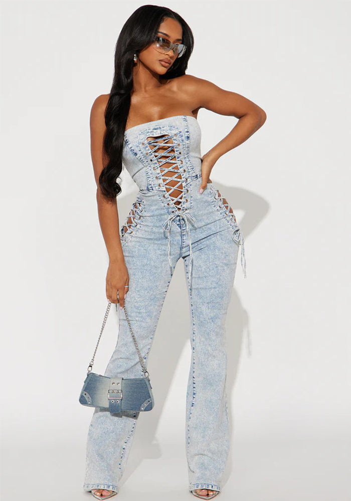 Women sexy Lace-Up Strapless washed Denim Jumpsuit