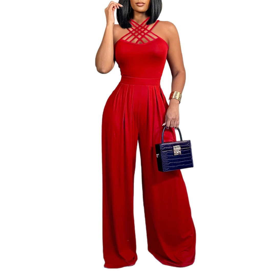 Women Career Sexy Strap Cross Wide Leg Jumpsuit 6