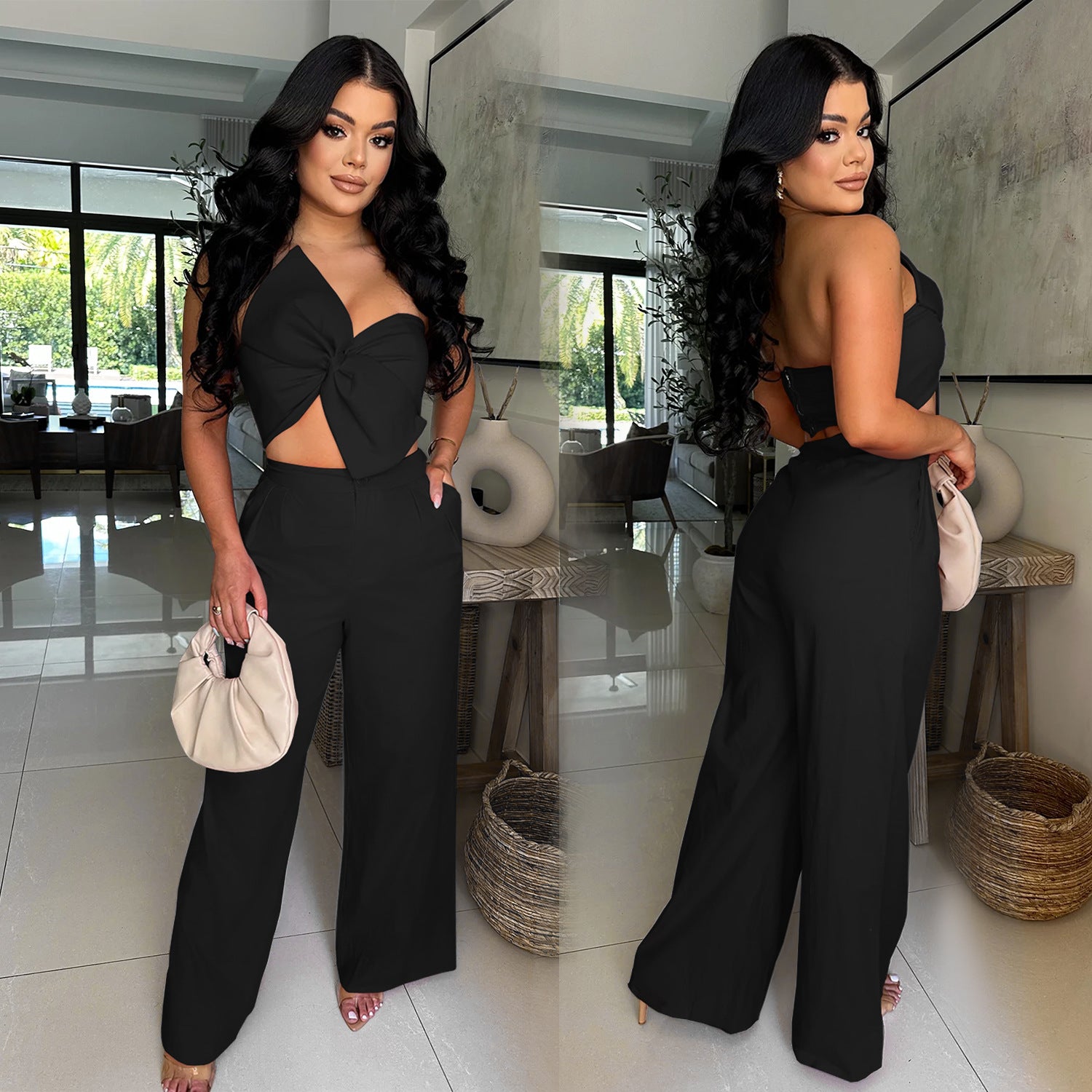 Women  Sexy Bowknot Top and Pants Two Piece Set