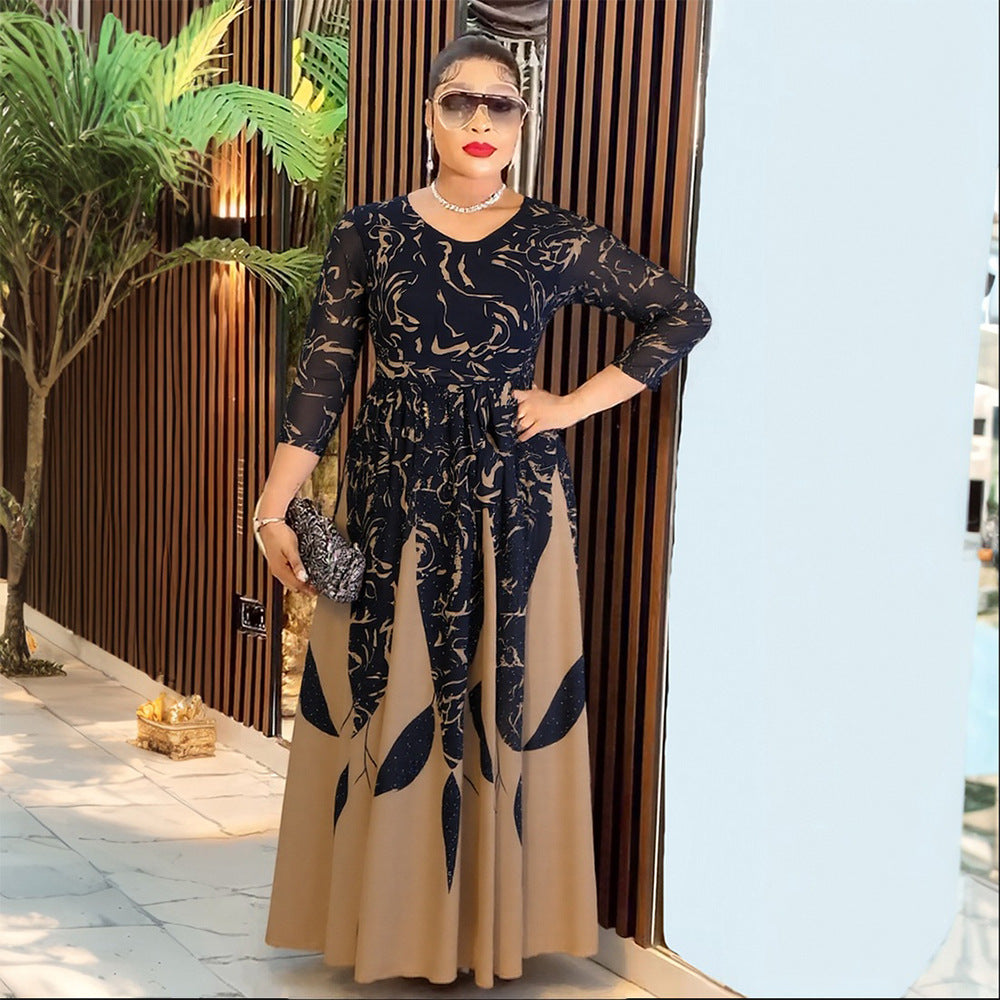 Plus Size African Women Long Sleeve Elegant Print Chiffon Maxi Dress 5