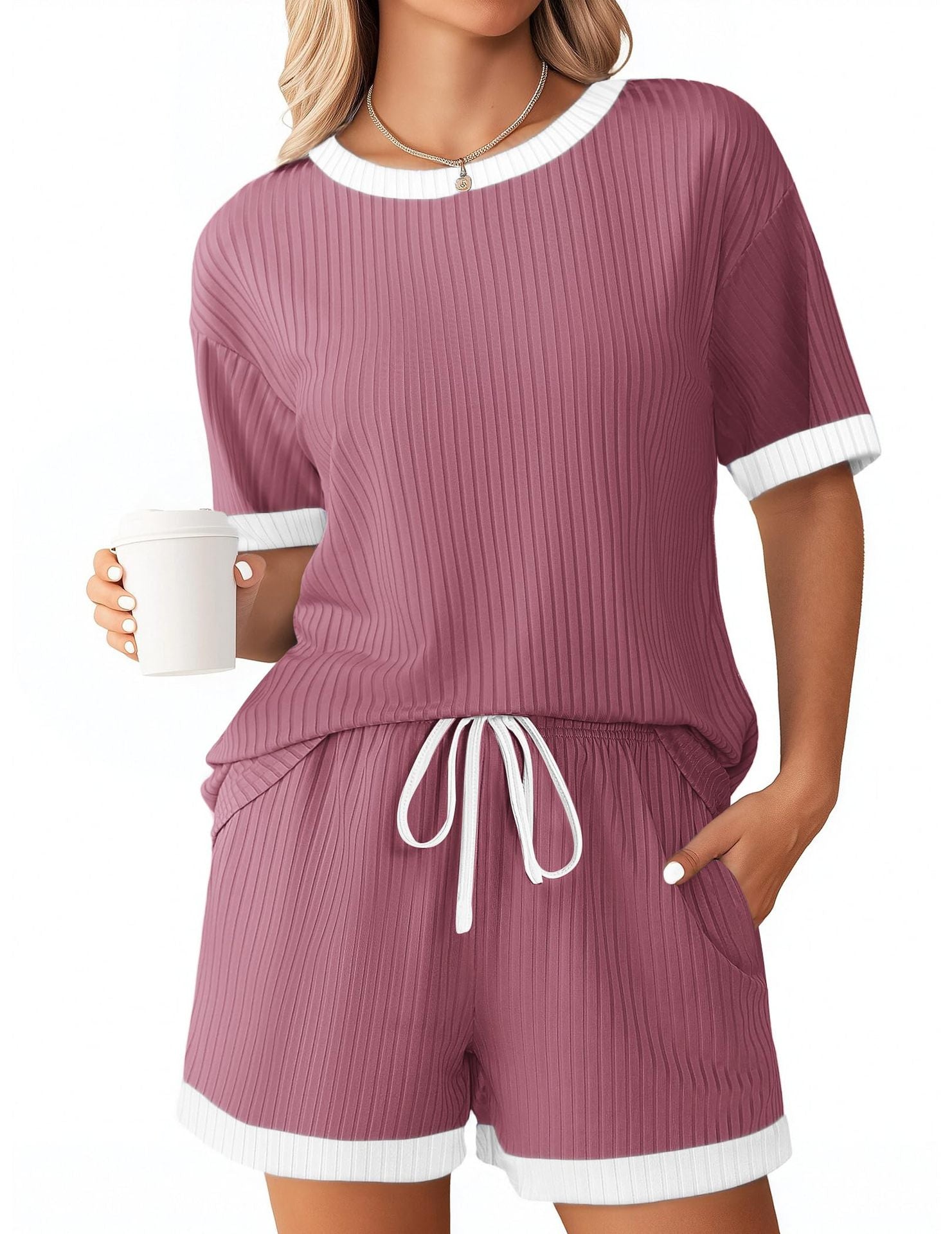 Women's summer Ribbed color matching pajamas short sleeve home clothes Shorts Set 9