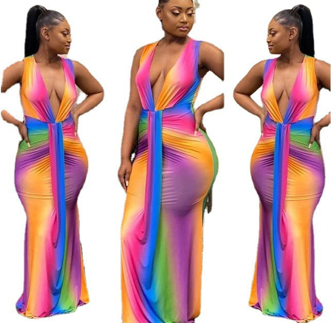 Women sexy v-neck sleeveless printed dress