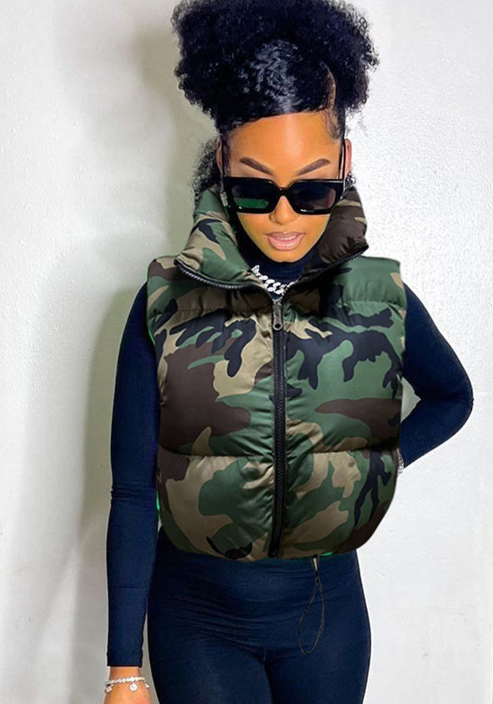 Women Autumn Camouflage Sleeveless Drawstring Style Trendy Padded Vest
