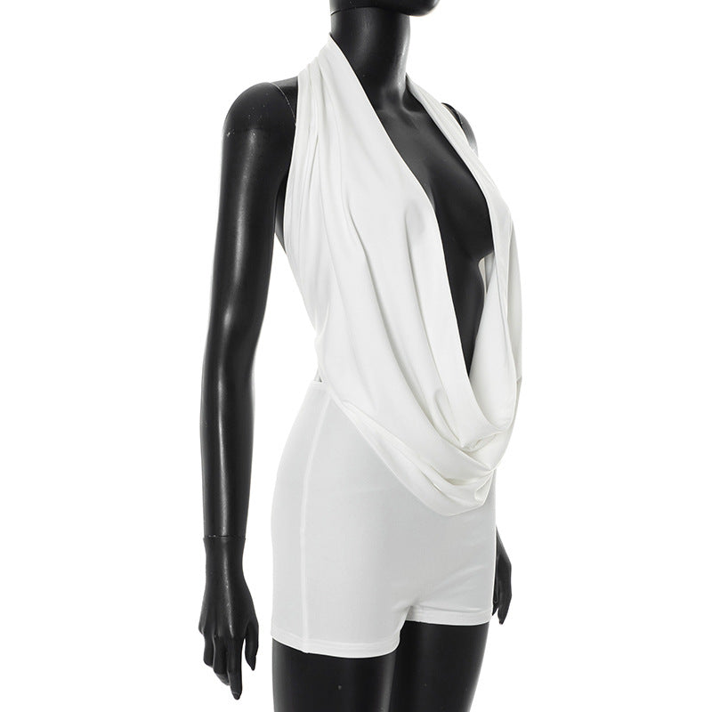 Women's Sexy Draped Neck Halter Neck Low Back Top Tight Fitting Shorts Two-Piece Set 7