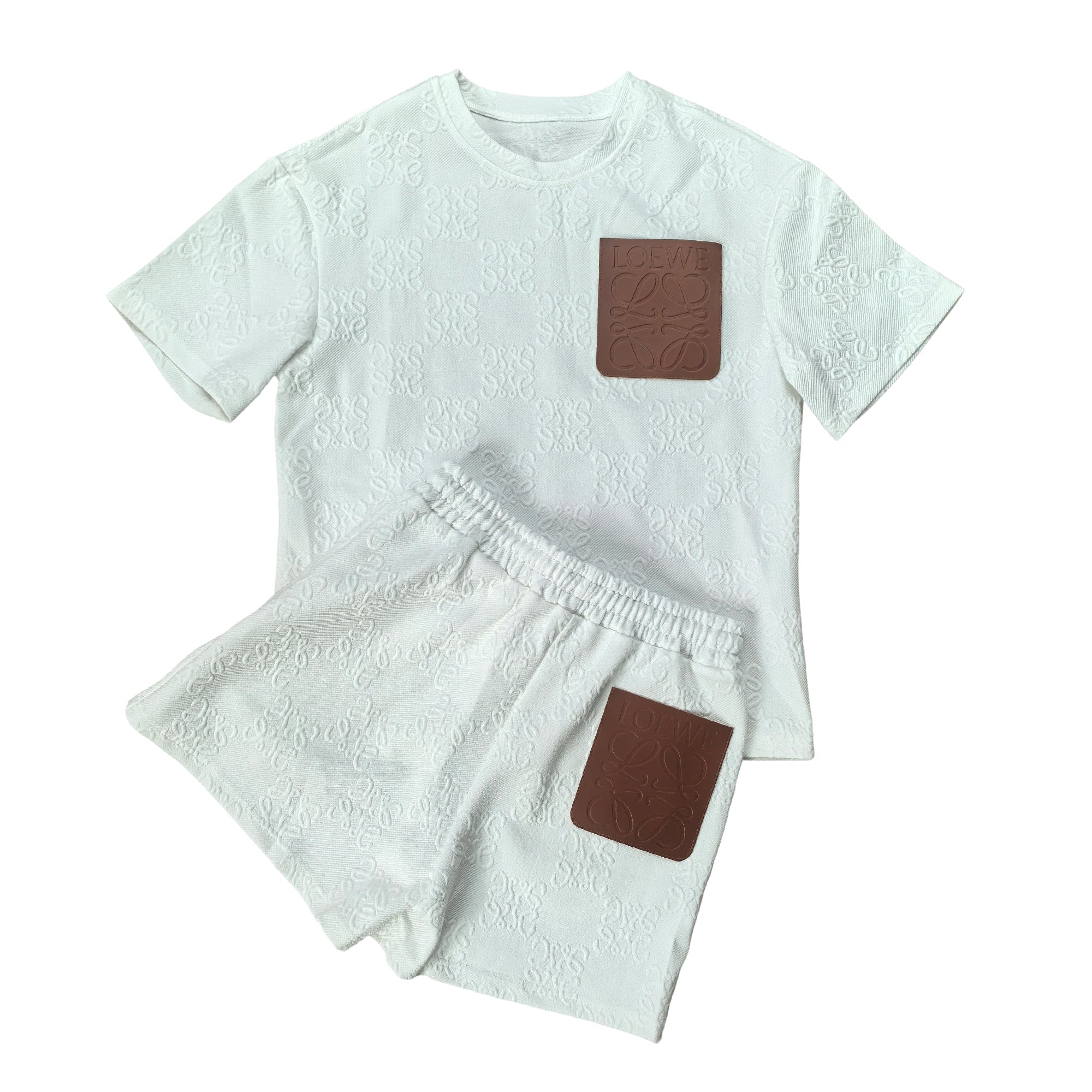 Women's Fashion Casual Leather Pocket Jacquard Short Sleeve Sport Shorts Set 5