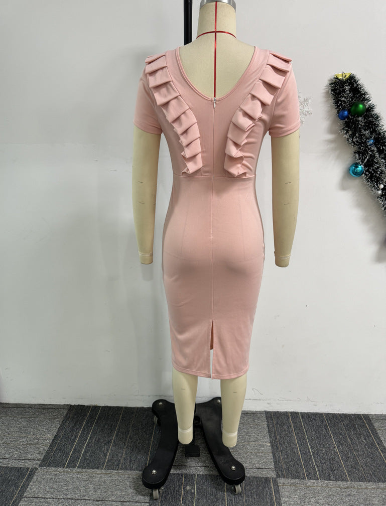 Elegant Career elastic pleated lace slim back slit Bodycon dress 7