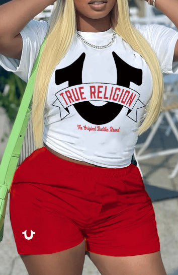 Summer Women's Print Casual R-Shirt Shorts Two-Piece Set 6