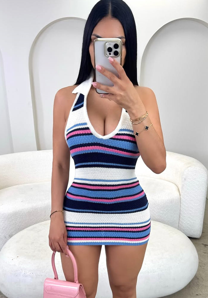 Women's Summer Style Chic Turndown-Collar Halter Sleeveless Low-Back Bodycon Dress