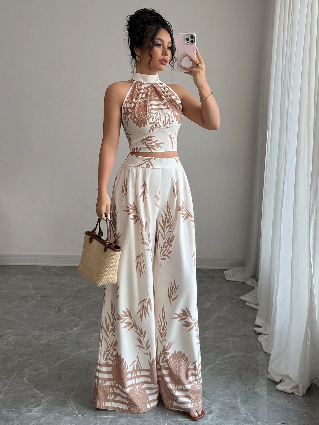 Women's Summer Holidays Chic Print Halter Neck Vest Wide Leg Pants Set 7