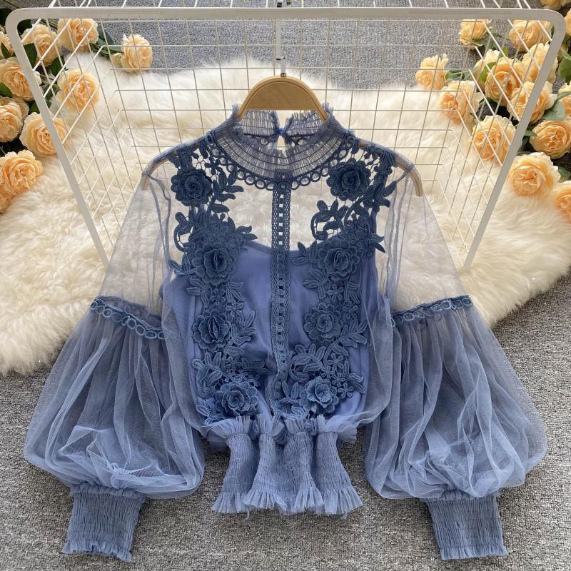 Women Flowers See-Through Mesh Lantern Sleeves lace crop Top 6