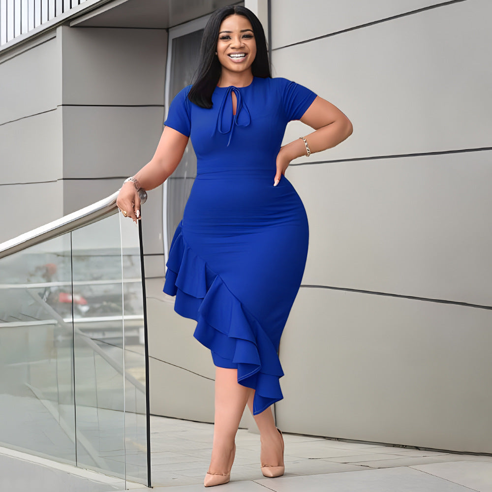 fashion Plus Size women's sexy Casual tie neck ruffle bodycon dress 3
