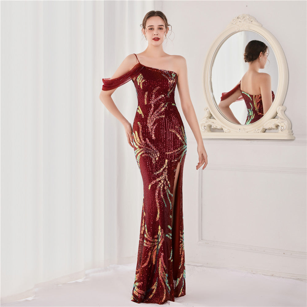 Summer Sequin One Shoulder Slit Long Evening Dress 7