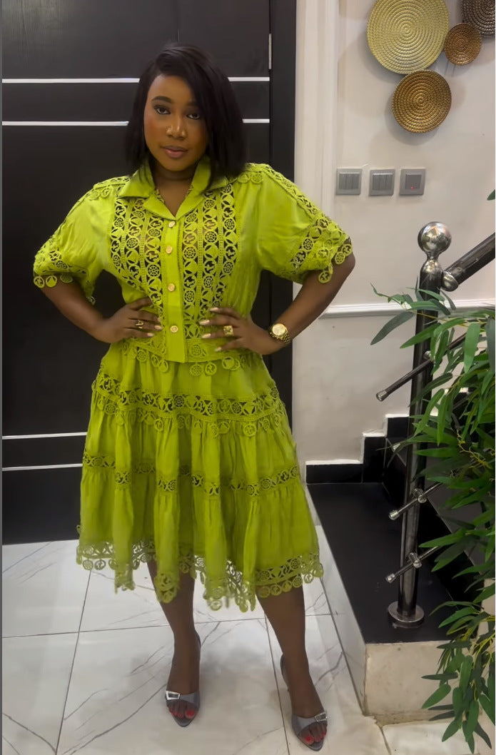 Women French Lace Hollow Crochet Flower Top Lace Patchwork Skirt Two Piece 5