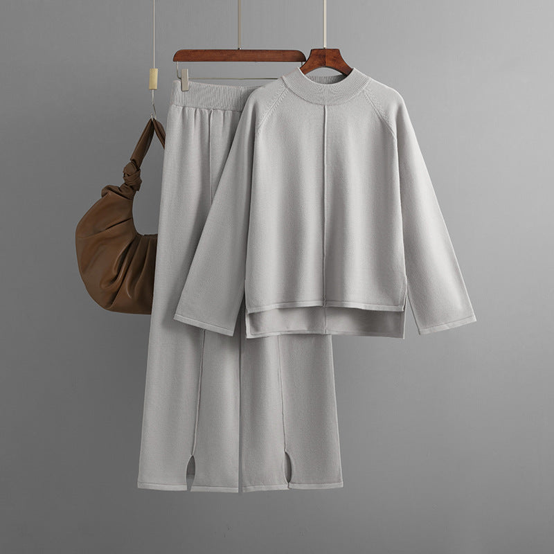 Women autumn and winter loose solid sweater and slit wide-leg pants two-piece set 10