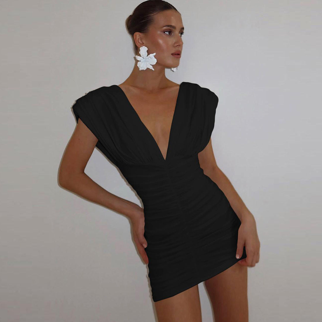 Women Summer Sexy V Neck Bodycon Pleated Solid Dress 4