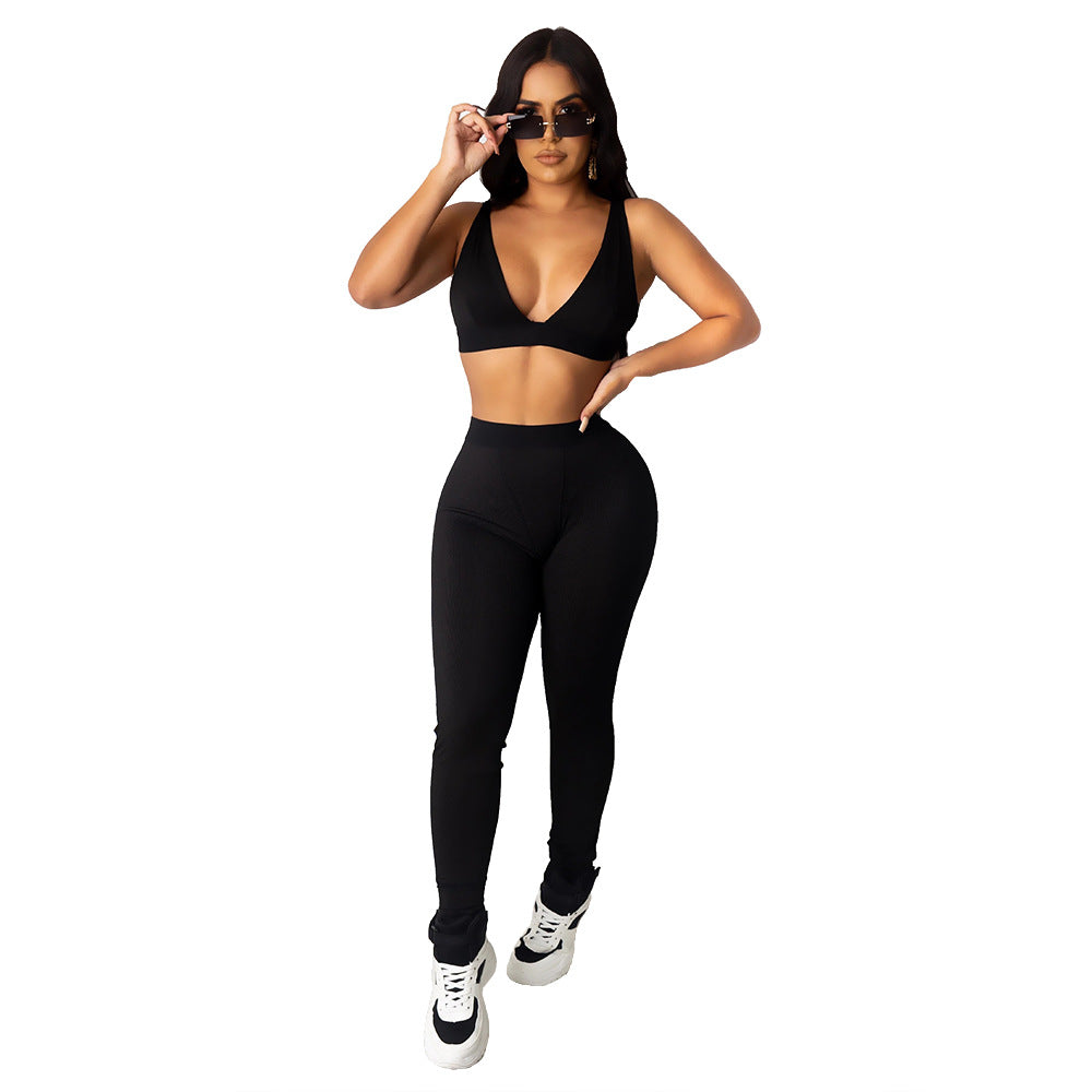 Women Solid Sling Elastic Casual Sports Two-piece Set 9