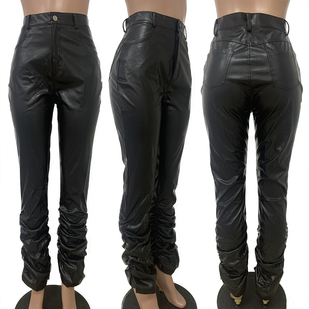 Autumn Winter Women's Fashion Button Zipper Elastic Stacked Leather Pants 5