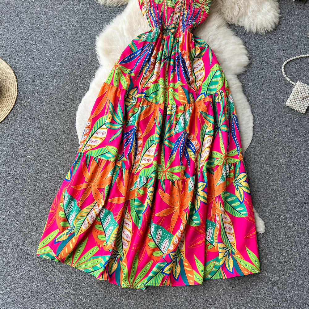 Holidays Dress Summer Strap Lace-Up Slim Waist Flared Print Dress 5