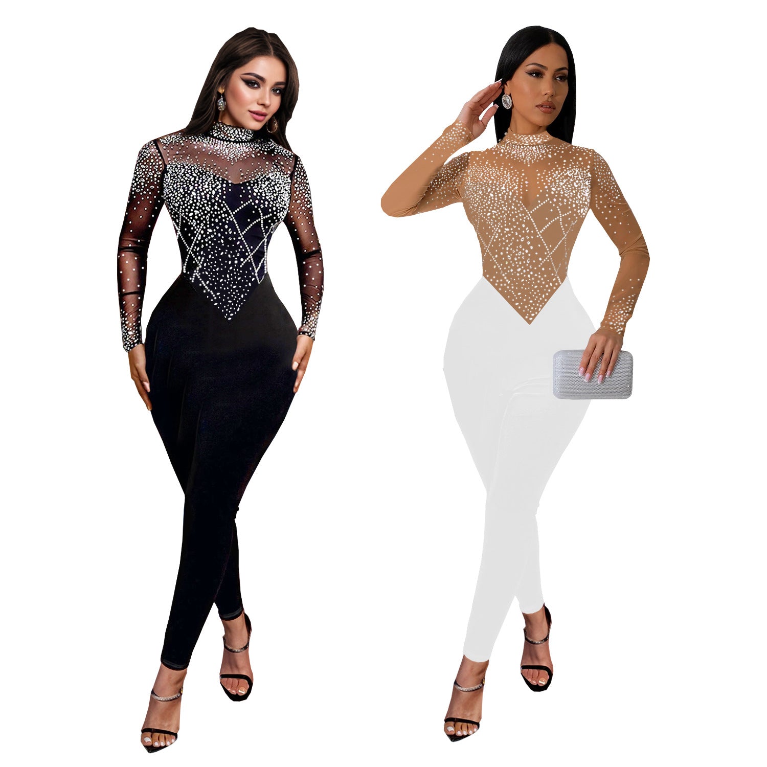 Fashionable Women's Slim Mesh Beaded Long-Sleeved Jumpsuit 7